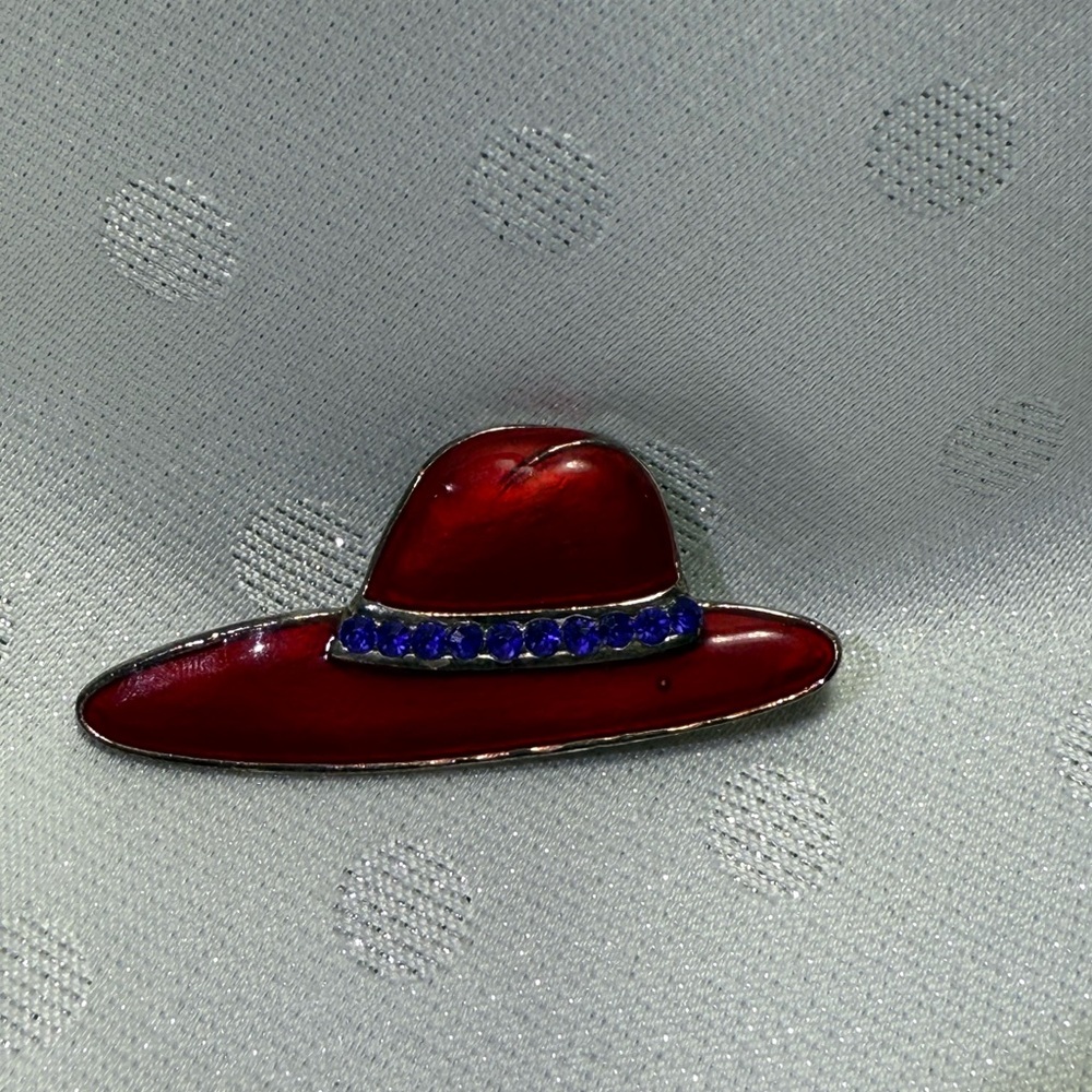 Vintage Red Hat Brooch with Blue Rhinestones – Silver Tone Enamel Pin